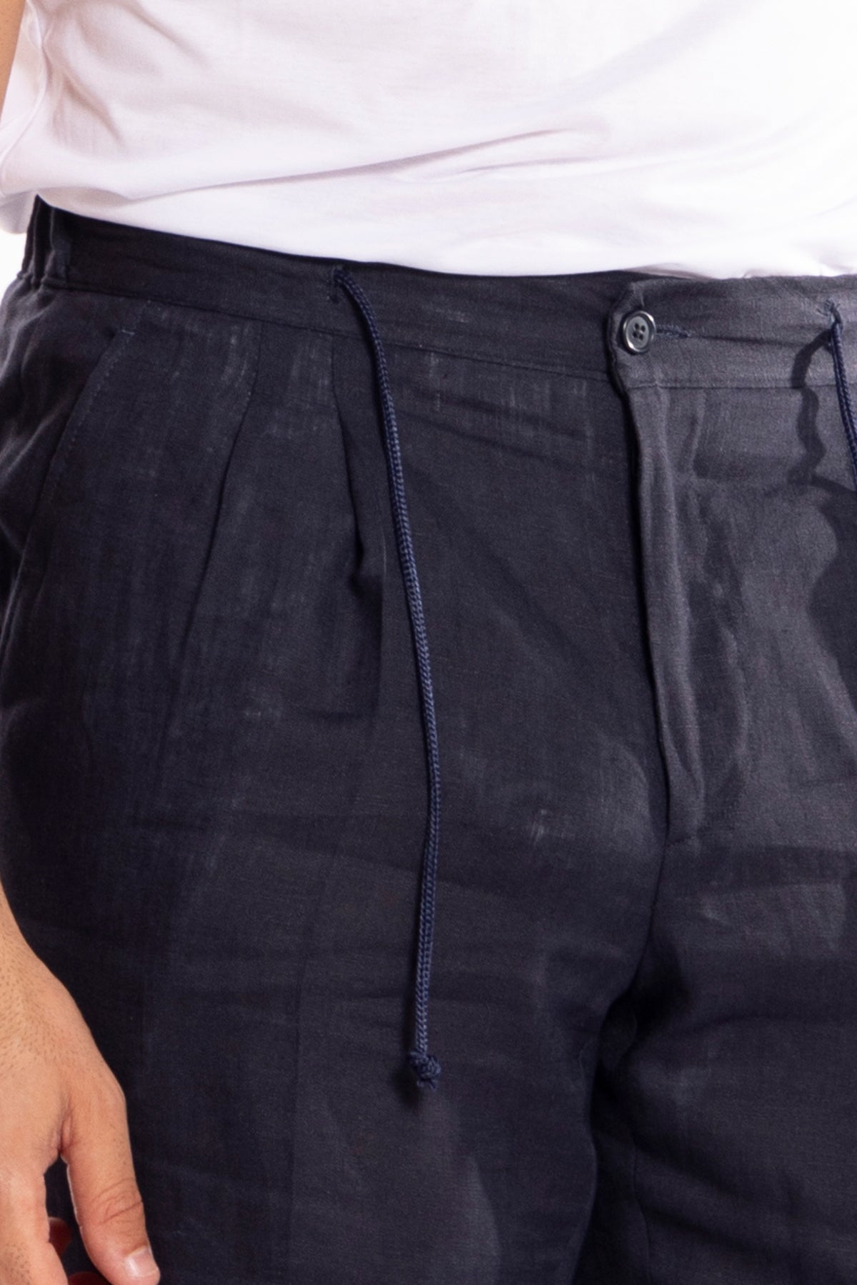 Pantalaccio da uomo Blu notte in lino 100% doppia pinces in misto fresco lana tasca america risvolto 5cm con laccio regolabile