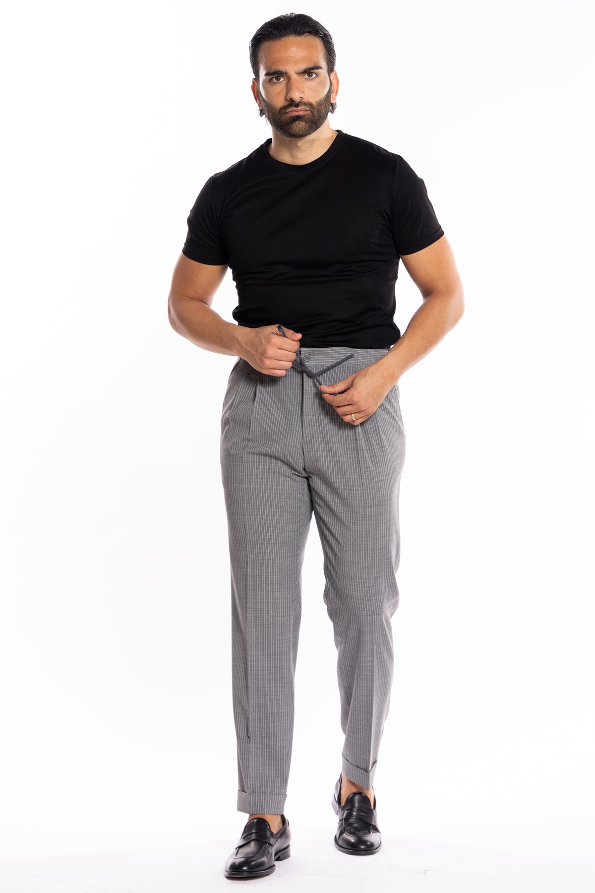 Pantalaccio da uomo grigio rigato in misto fresco lana doppia pinces tasca america risvolto 5cm con laccio regolabile
