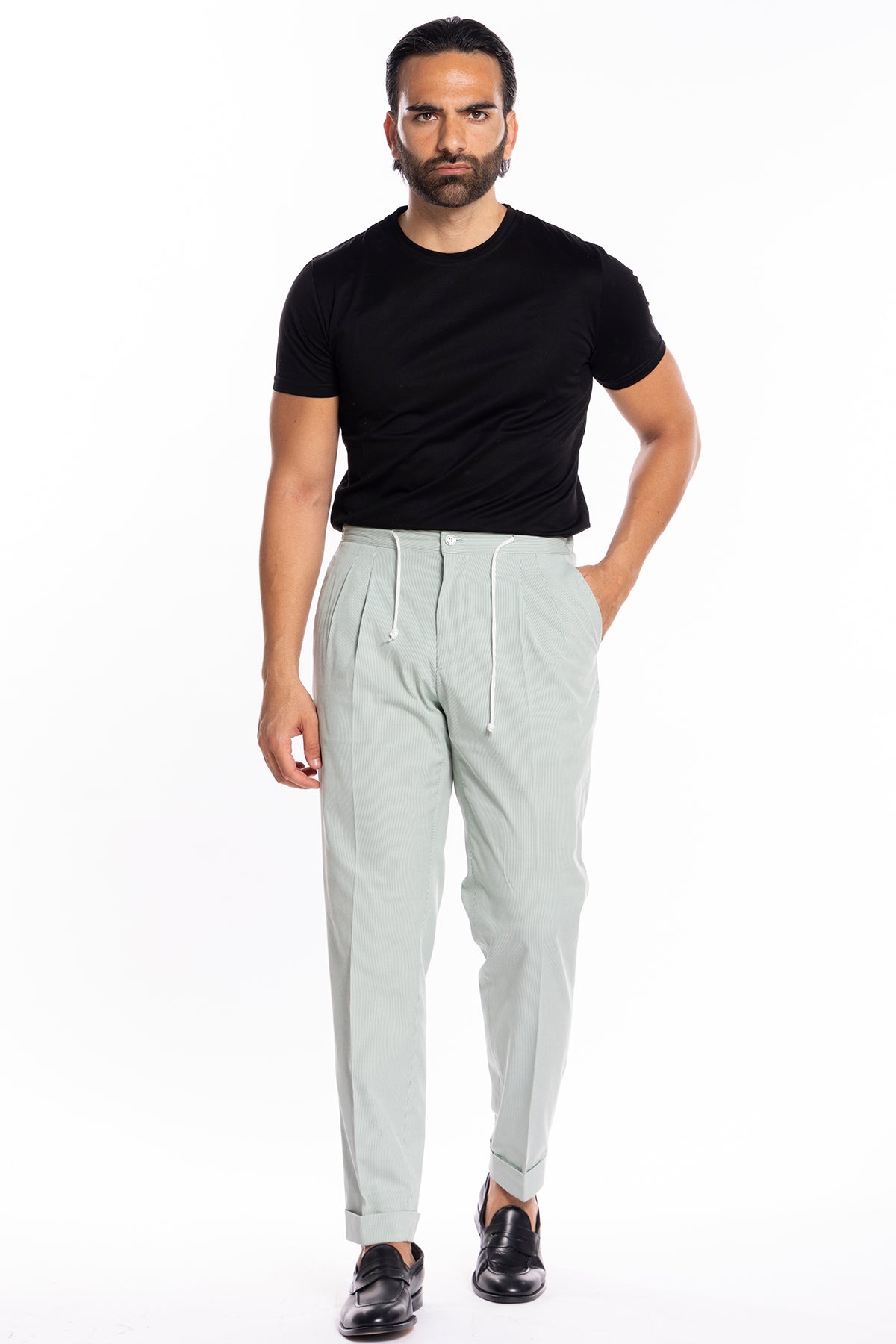 Pantalaccio da uomo verde rigato in cotone 100% doppia pinces tasca america risvolto 5cm con laccio regolabile Bristol Tessuti Napoli