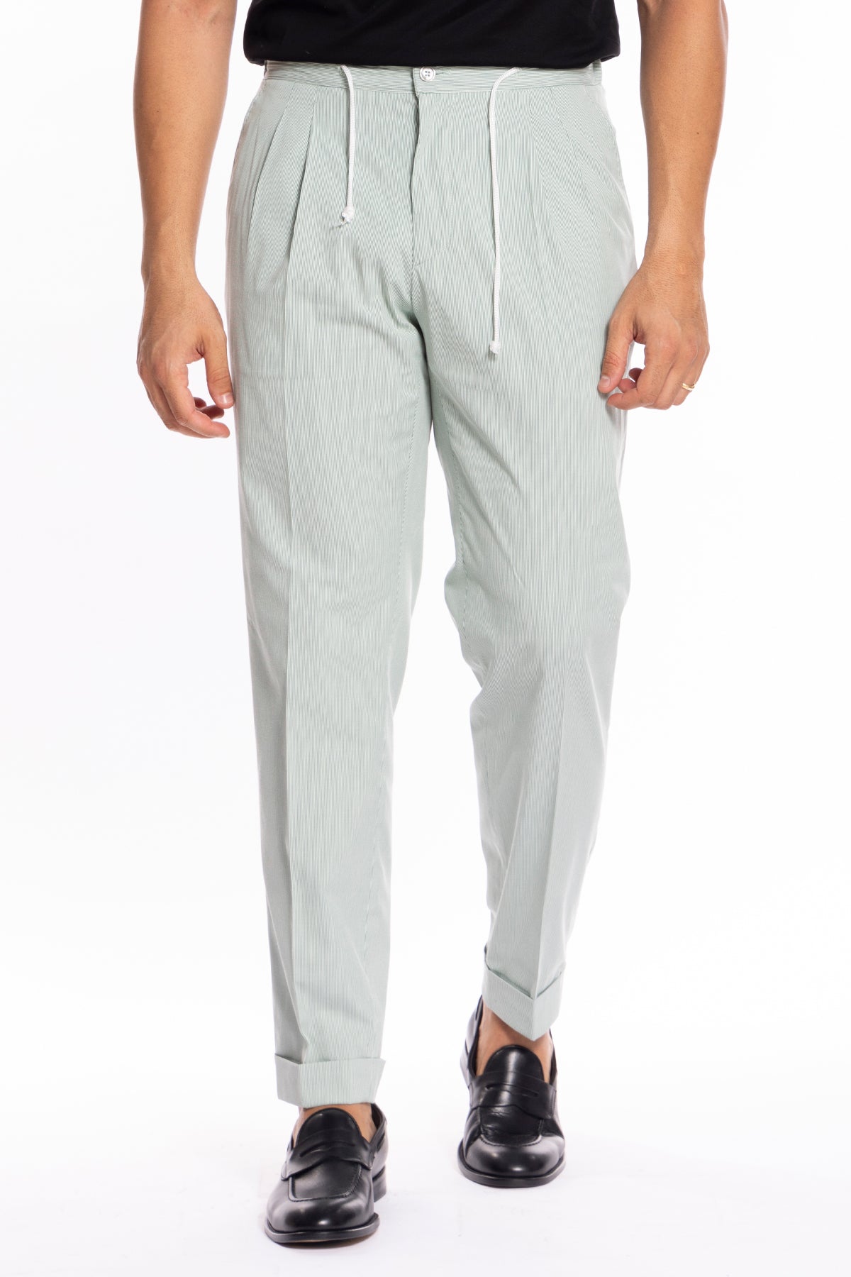 Pantalaccio da uomo verde rigato in cotone 100% doppia pinces tasca america risvolto 5cm con laccio regolabile Bristol Tessuti Napoli