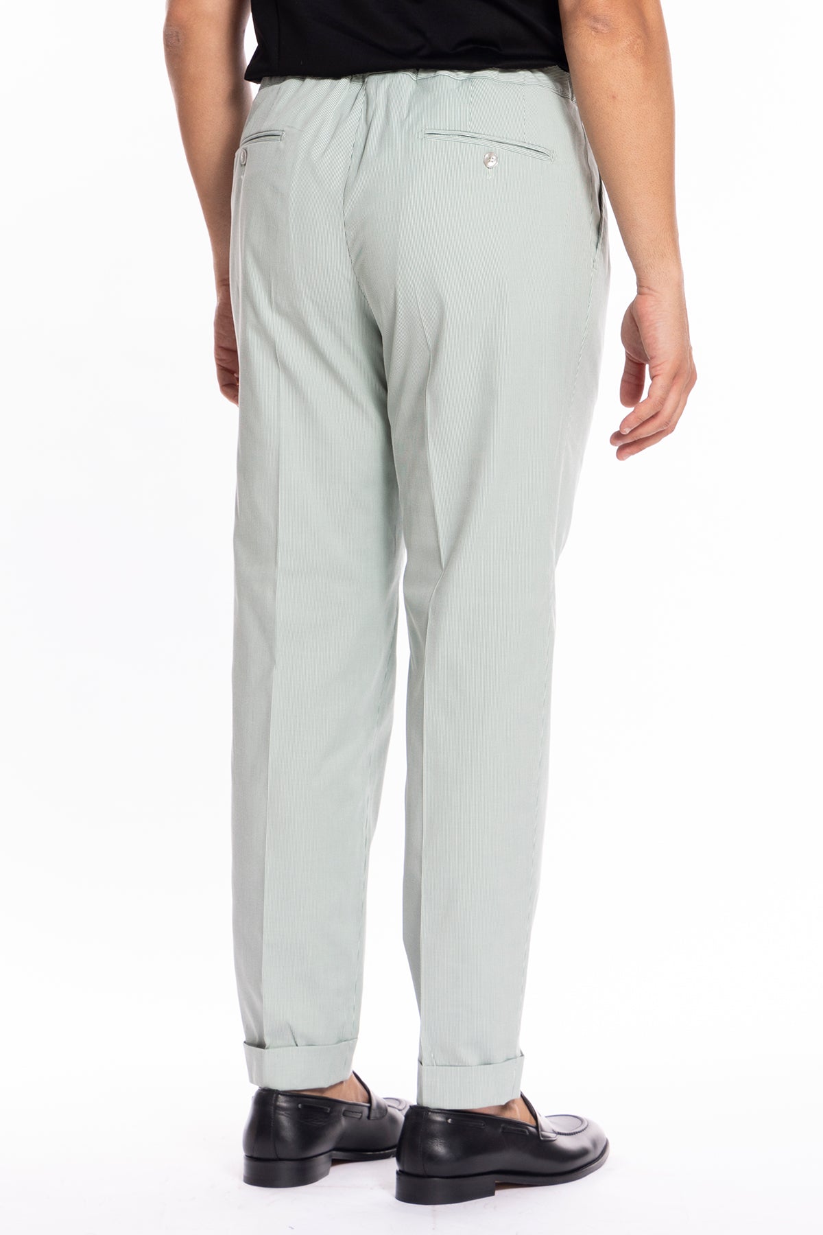 Pantalaccio da uomo verde rigato in cotone 100% doppia pinces tasca america risvolto 5cm con laccio regolabile Bristol Tessuti Napoli