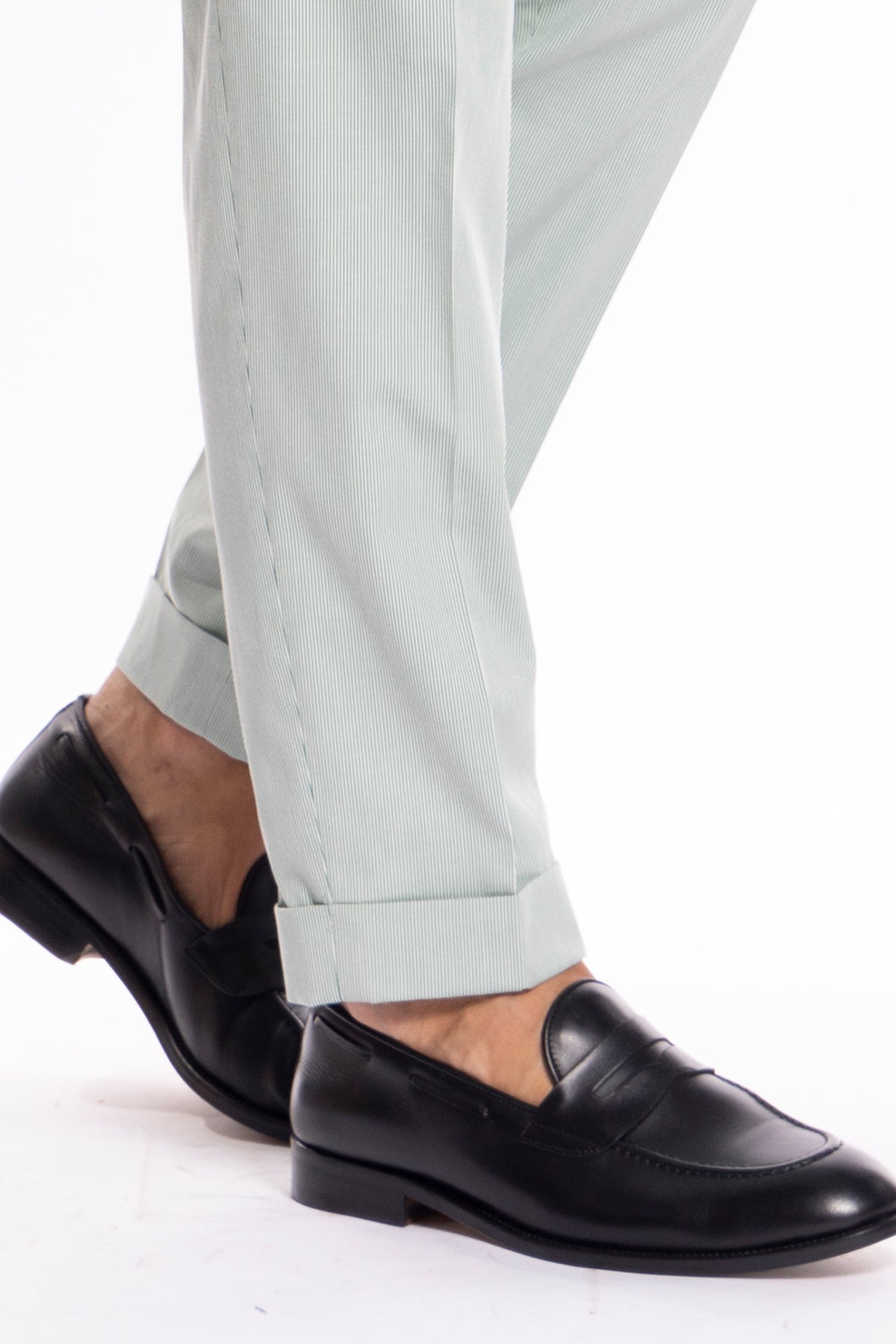 Pantalaccio da uomo verde rigato in cotone 100% doppia pinces tasca america risvolto 5cm con laccio regolabile Bristol Tessuti Napoli