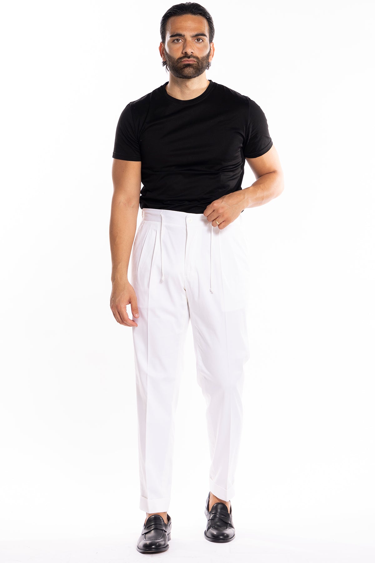 Pantalaccio da uomo Bianco in cotone leggermente elastico doppia pinces tasca america risvolto 5cm con laccio regolabile