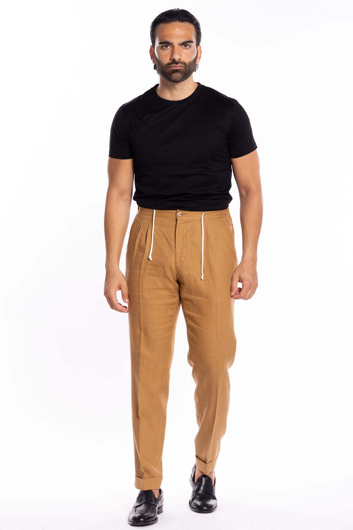 Pantalaccio da uomo cammello in lino 100% doppia pinces in misto fresco lana tasca america risvolto 5cm con laccio regolabile