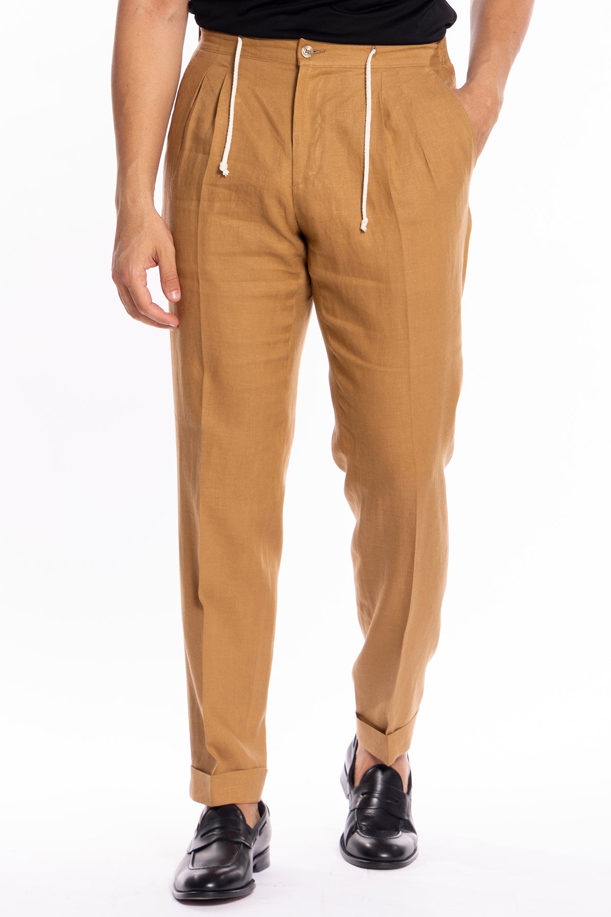 Pantalaccio da uomo cammello in lino 100% doppia pinces in misto fresco lana tasca america risvolto 5cm con laccio regolabile