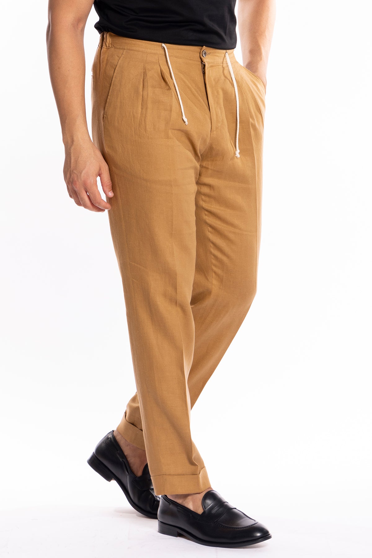 Pantalaccio da uomo cammello in lino 100% doppia pinces in misto fresco lana tasca america risvolto 5cm con laccio regolabile