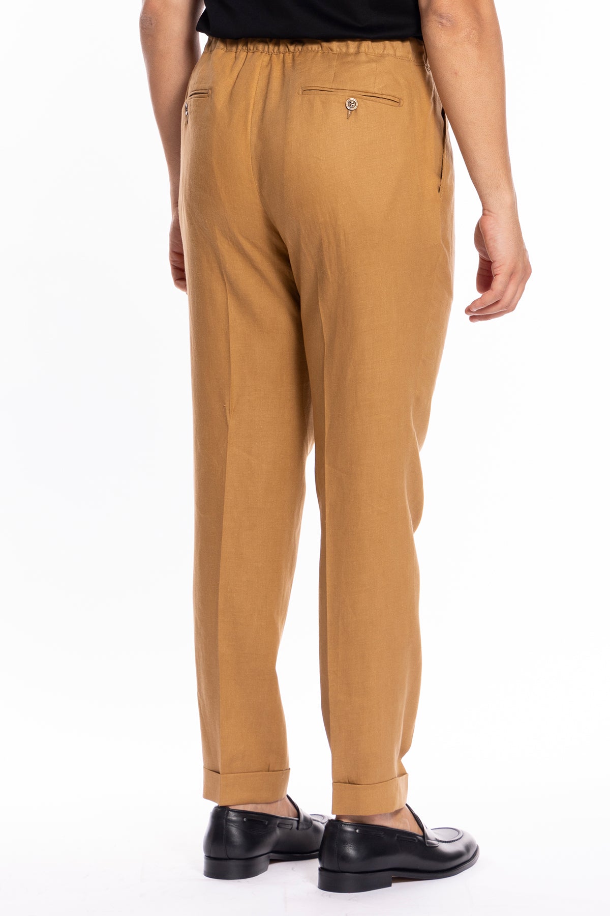 Pantalaccio da uomo cammello in lino 100% doppia pinces in misto fresco lana tasca america risvolto 5cm con laccio regolabile