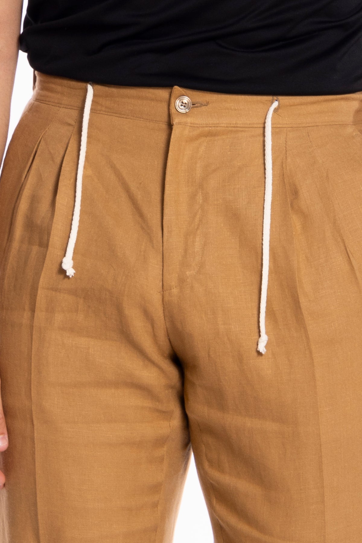 Pantalaccio da uomo cammello in lino 100% doppia pinces in misto fresco lana tasca america risvolto 5cm con laccio regolabile