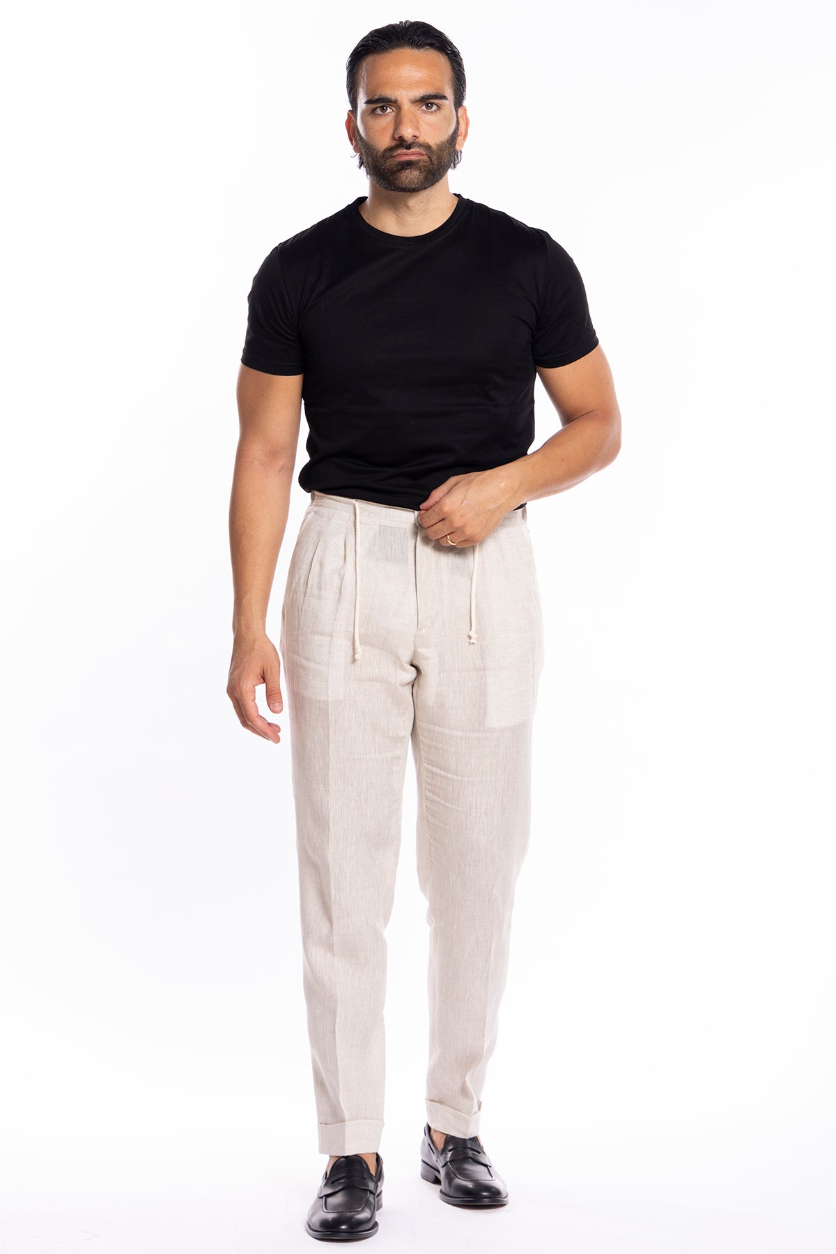 Pantalaccio da uomo beige in lino 100% doppia pinces in misto fresco lana tasca america risvolto 5cm con laccio regolabile