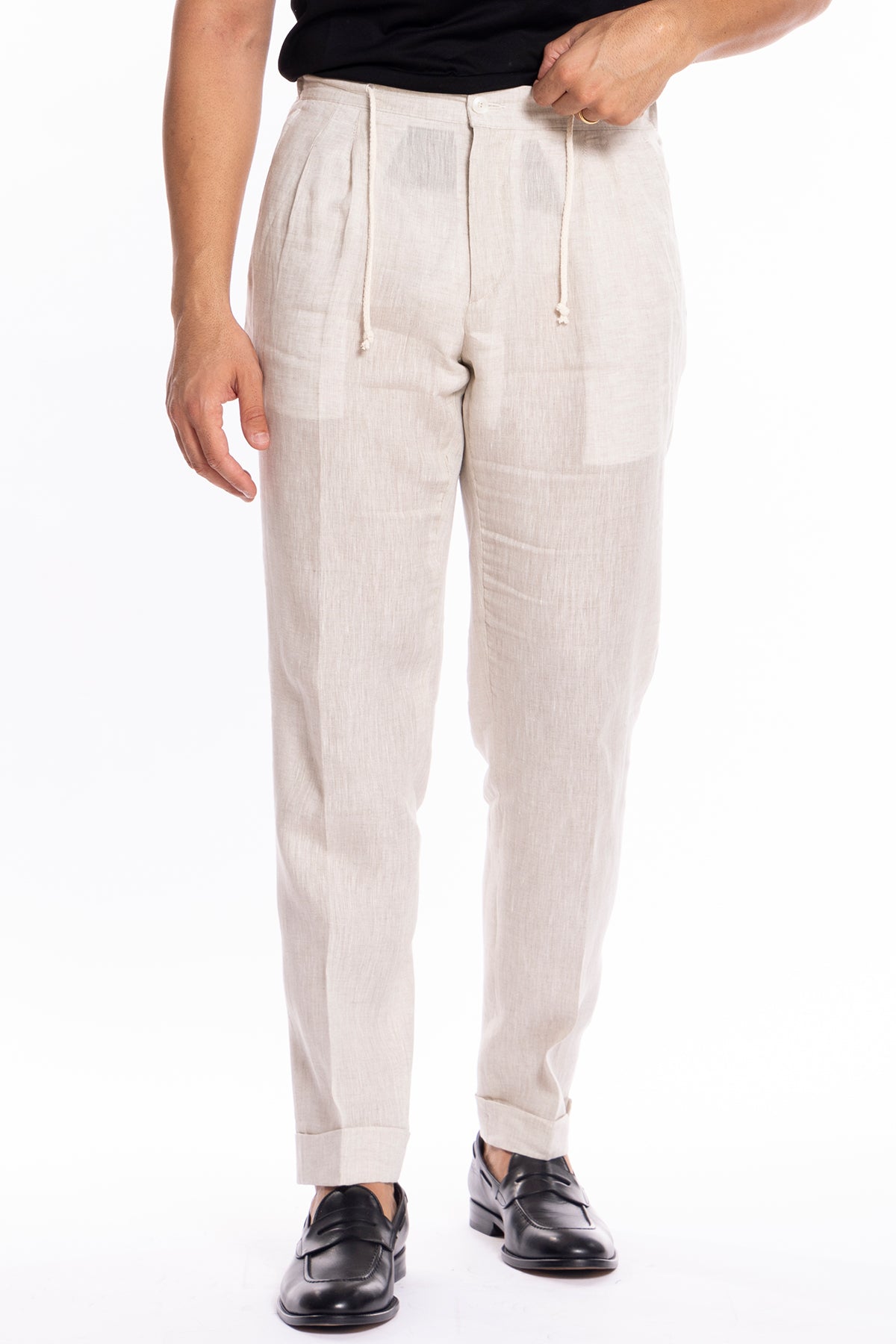 Pantalaccio da uomo beige in lino 100% doppia pinces in misto fresco lana tasca america risvolto 5cm con laccio regolabile