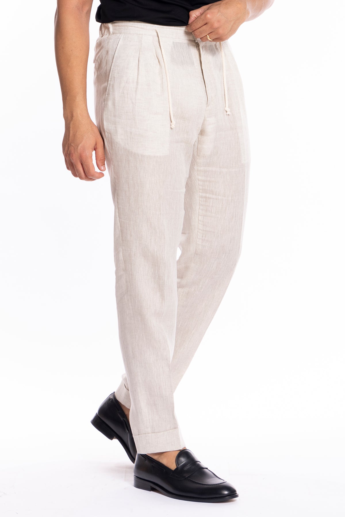 Pantalaccio da uomo beige in lino 100% doppia pinces in misto fresco lana tasca america risvolto 5cm con laccio regolabile