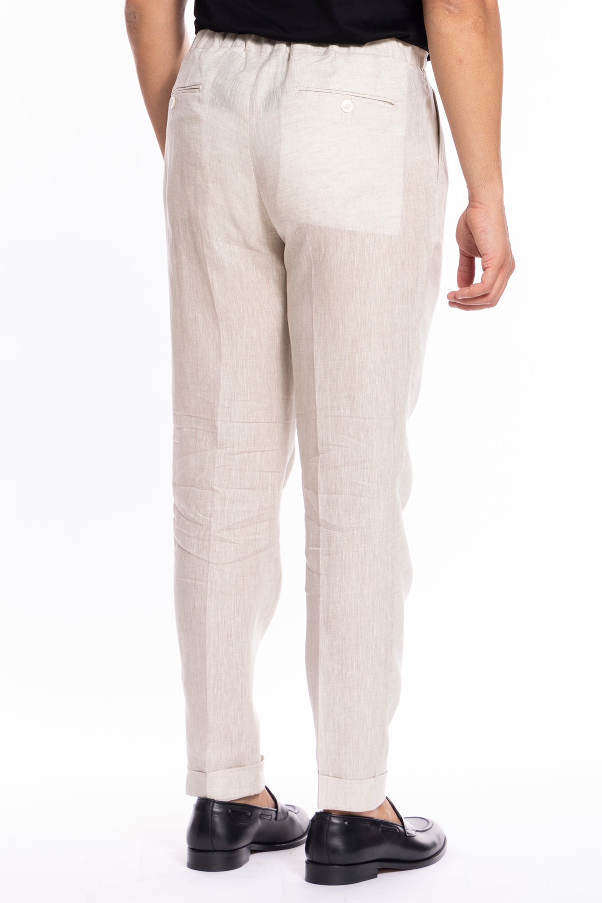Pantalaccio da uomo beige in lino 100% doppia pinces in misto fresco lana tasca america risvolto 5cm con laccio regolabile