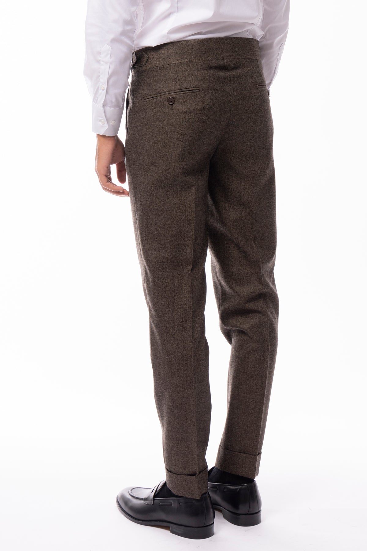 Pantalone uomo marrone spigato vita alta tasca america in lana flanella Holland & Sherry con doppia pinces