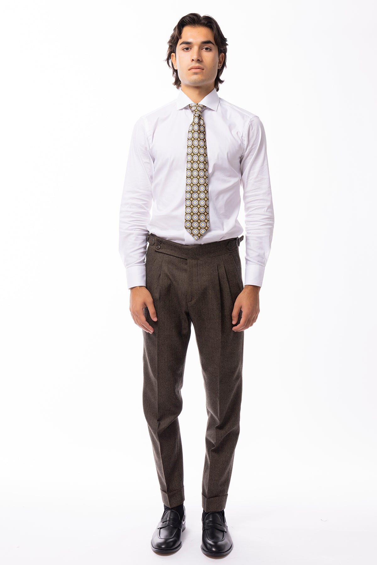 Pantalone uomo marrone spigato vita alta tasca america in lana flanella Holland & Sherry con doppia pinces