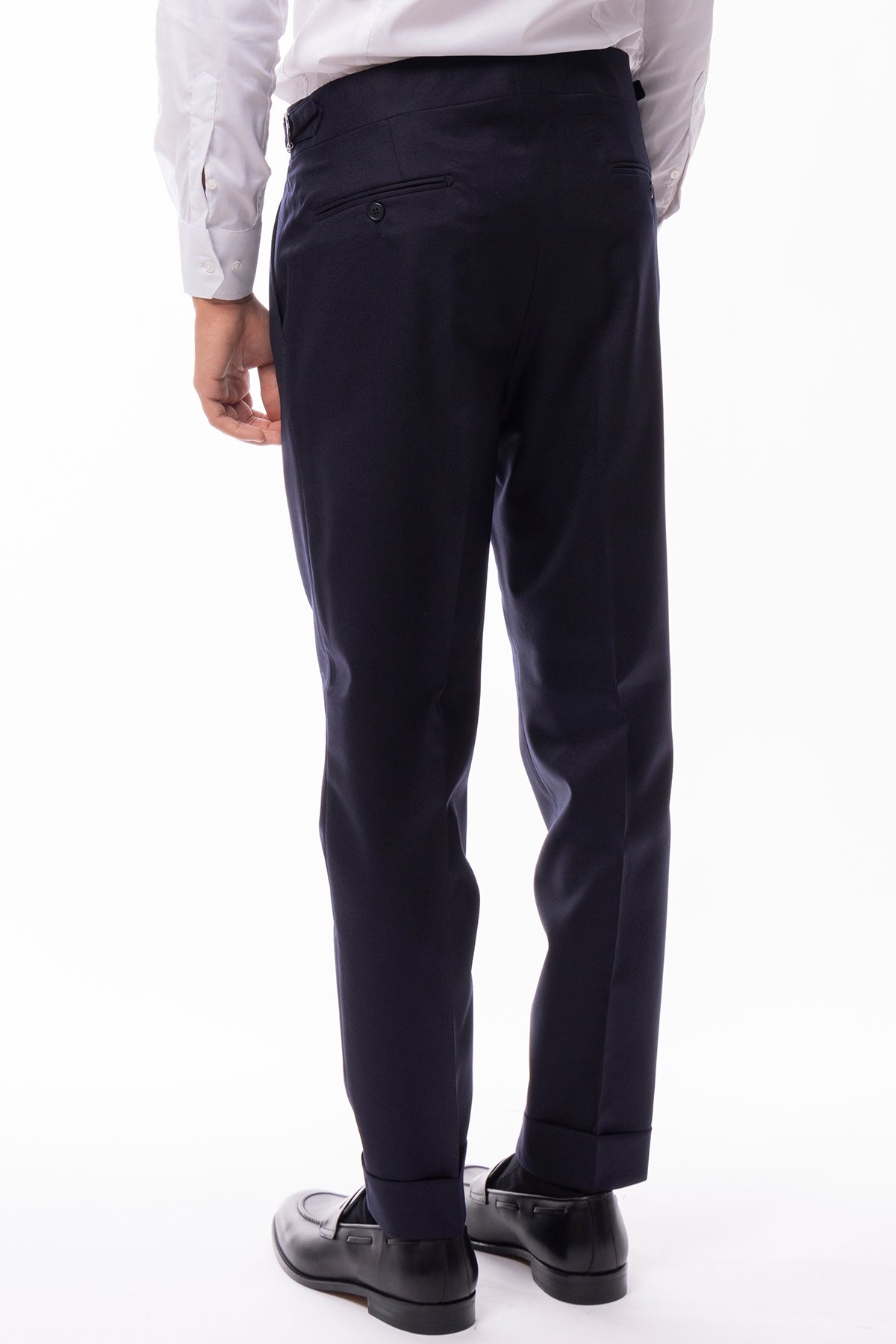 Pantalone uomo blu notte vita alta tasca america in lana flanella 100% con pinces e fibbie laterali Vitale Barberis Canonico