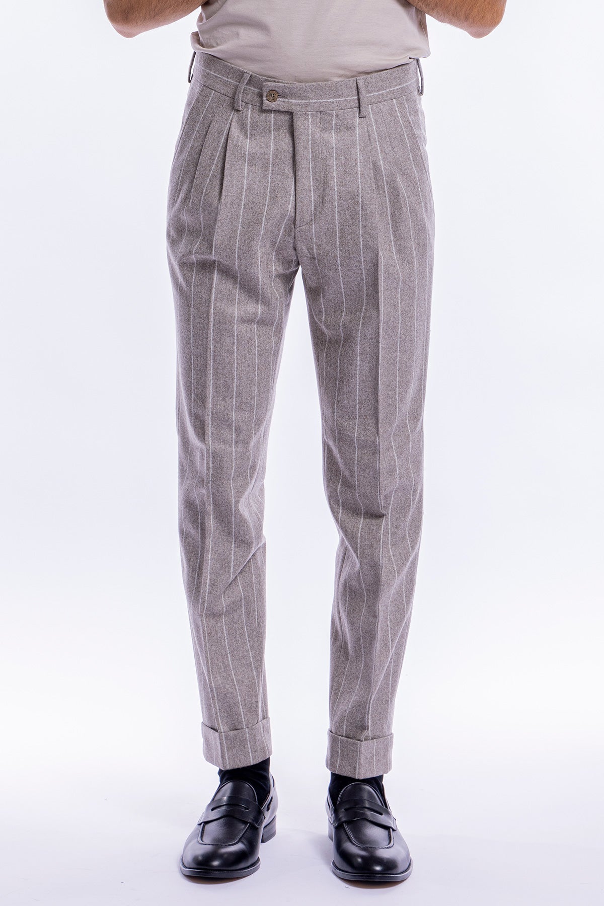 Pantalone uomo tortora gessato in lana vita alta con doppia pinces vitale barberis canonico risvolto 5cm