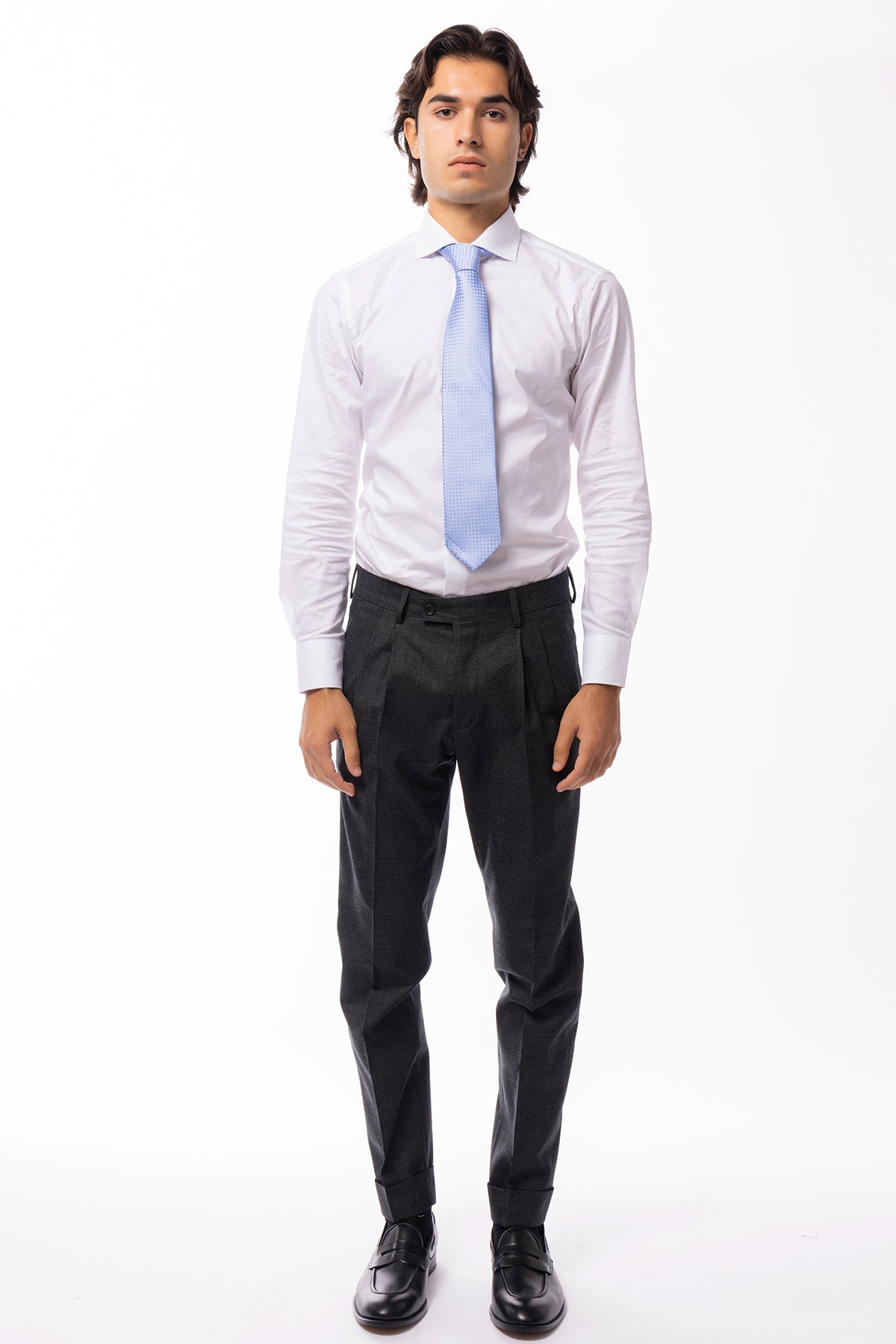 Pantalone uomo grigio vita alta fantasia galles in lana Holland & Sherry doppia pinces risvolto 5cm