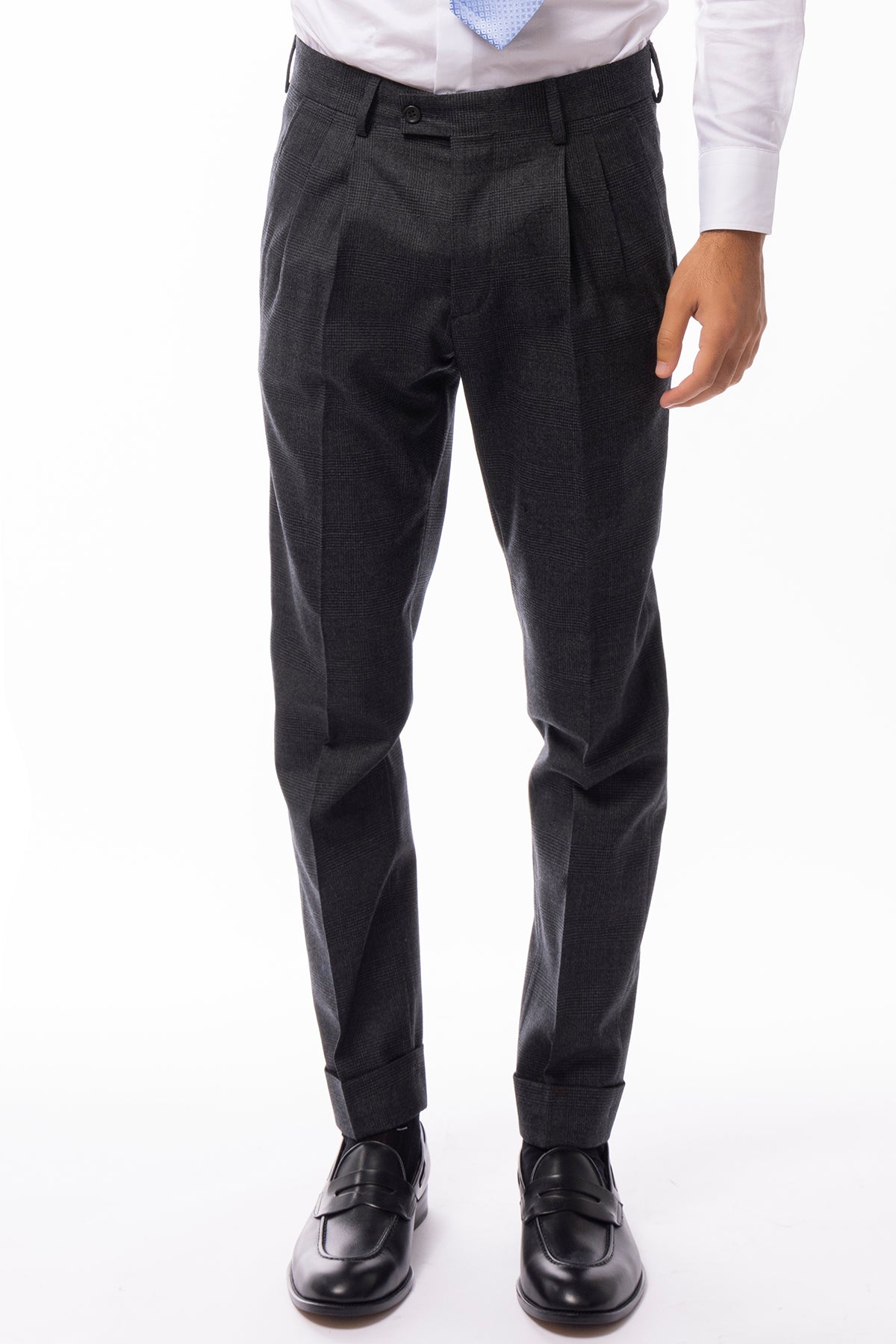 Pantalone uomo grigio vita alta fantasia galles in lana Holland & Sherry doppia pinces risvolto 5cm