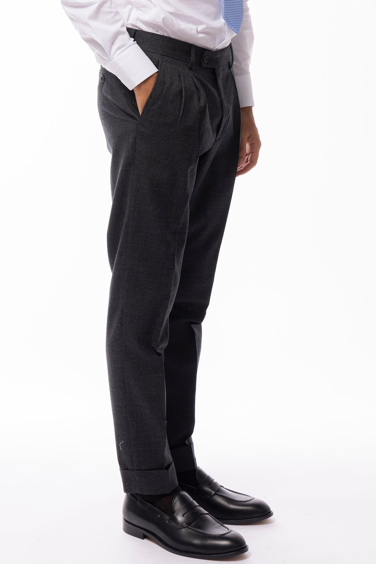 Pantalone uomo grigio vita alta fantasia galles in lana Holland & Sherry doppia pinces risvolto 5cm