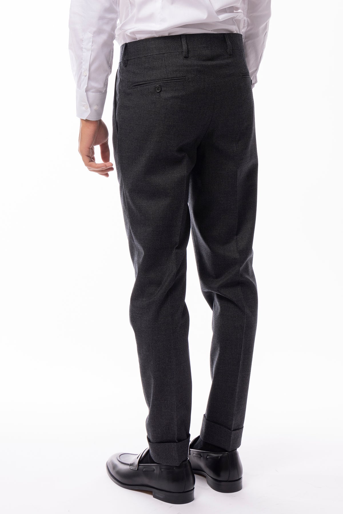 Pantalone uomo grigio vita alta fantasia galles in lana Holland & Sherry doppia pinces risvolto 5cm