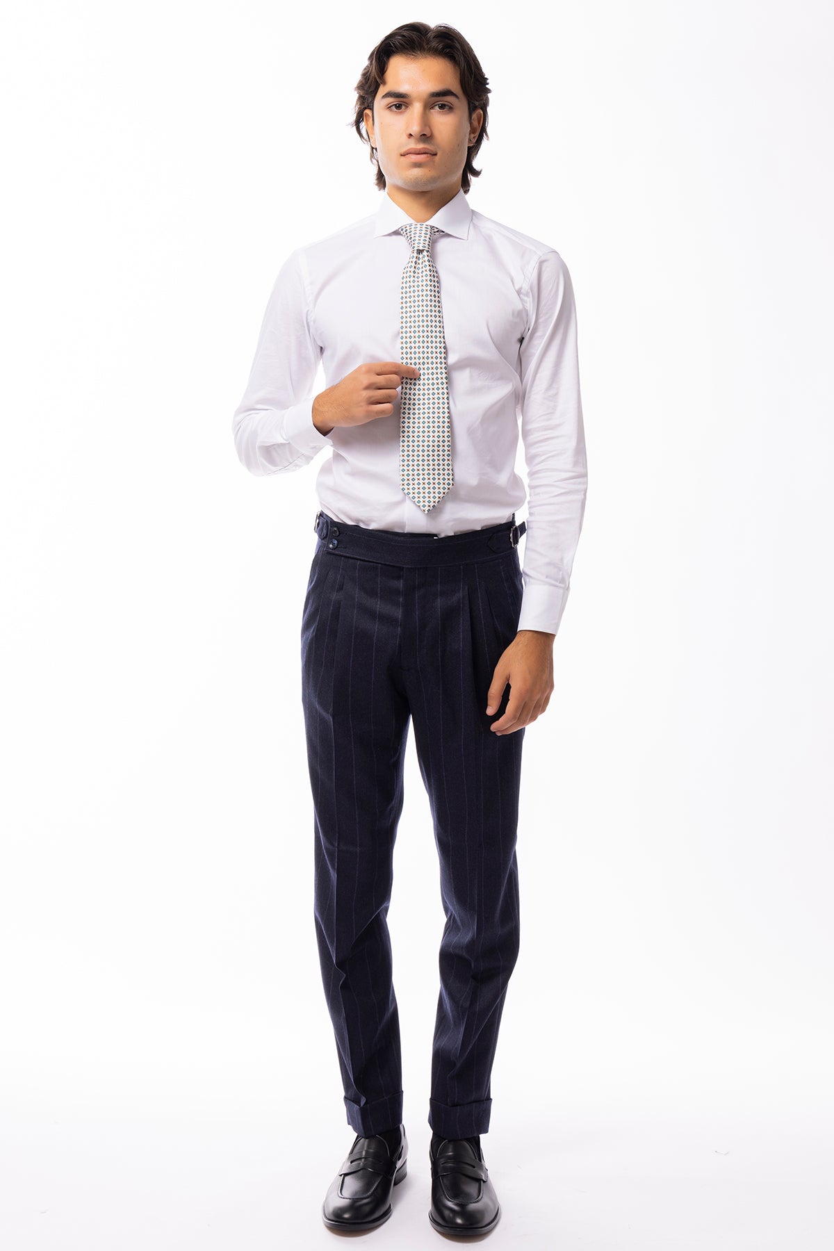 Pantalone uomo blu gessato viola vita alta tasca america in lana flanella con doppia pinces Vitale Barberis Canonico