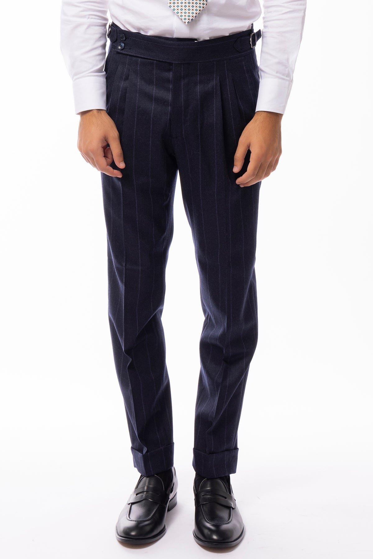 Pantalone uomo blu gessato viola vita alta tasca america in lana flanella con doppia pinces Vitale Barberis Canonico
