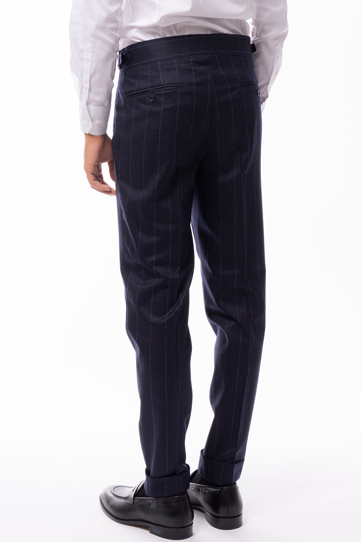 Pantalone uomo blu gessato viola vita alta tasca america in lana flanella con doppia pinces Vitale Barberis Canonico