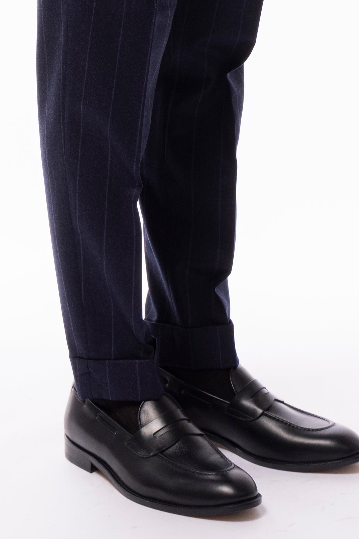 Pantalone uomo blu gessato viola vita alta tasca america in lana flanella con doppia pinces Vitale Barberis Canonico