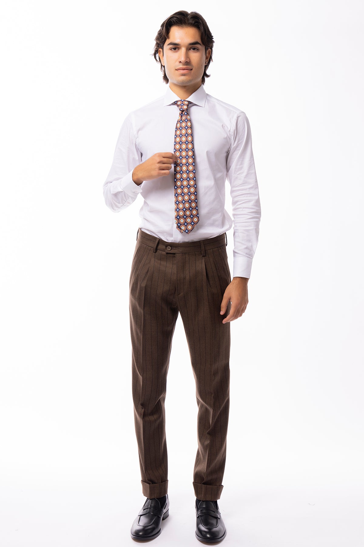 Pantalone uomo marrone gessato vita alta in lana Holland & Sherry doppia pinces risvolto 5cm
