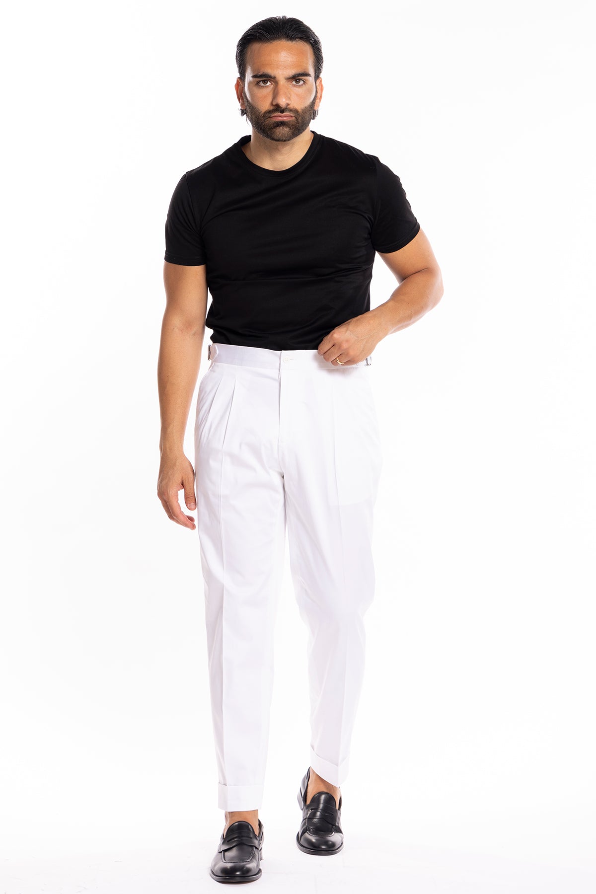 Pantalone uomo bianco in cotone vita alta doppia pinces con fibbie laterali risvolto 5cm