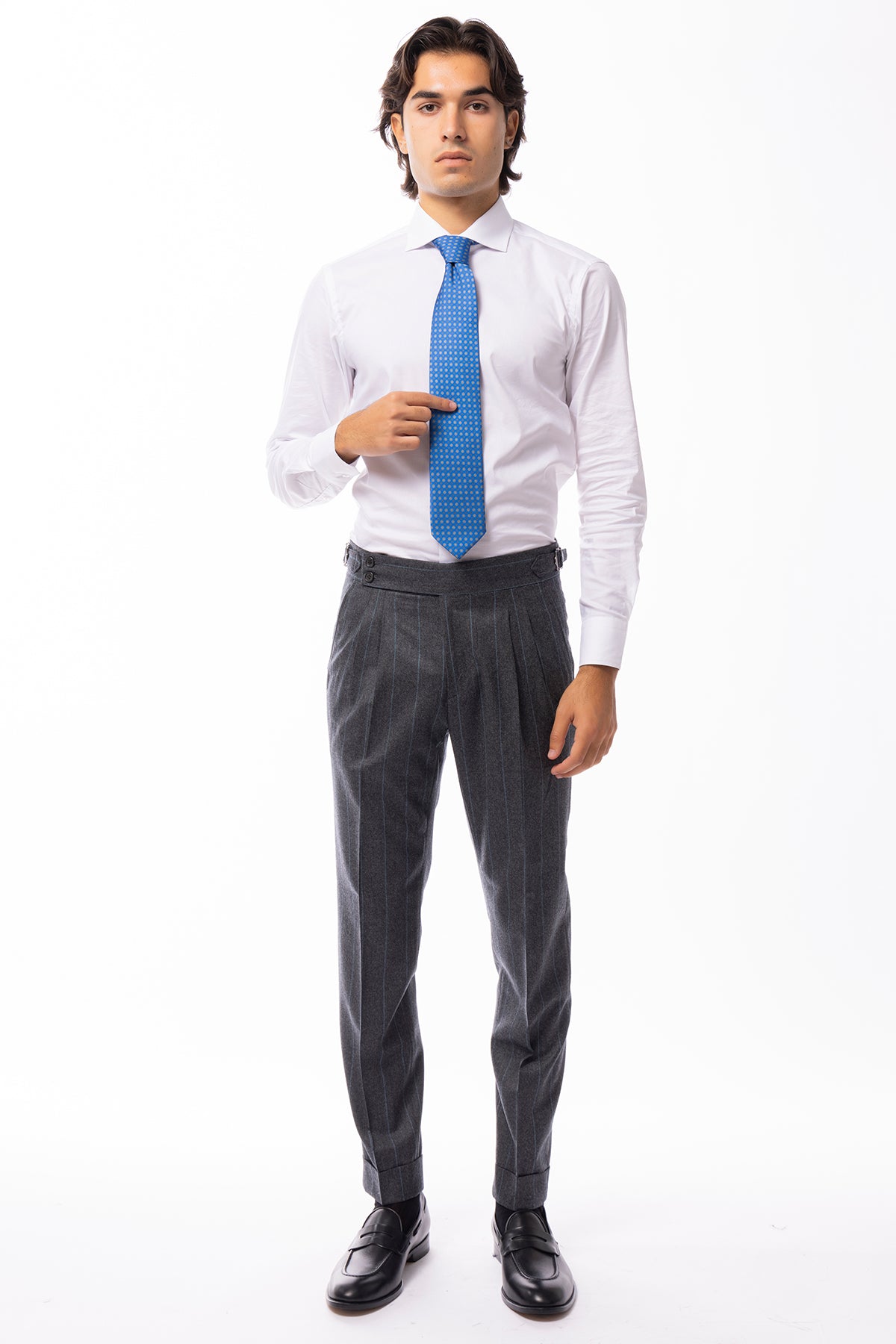 Pantalone uomo grigio gessato celeste vita alta in lana 100% Vitale Barberis Canonico con fibbie laterali e risvolto 5cm