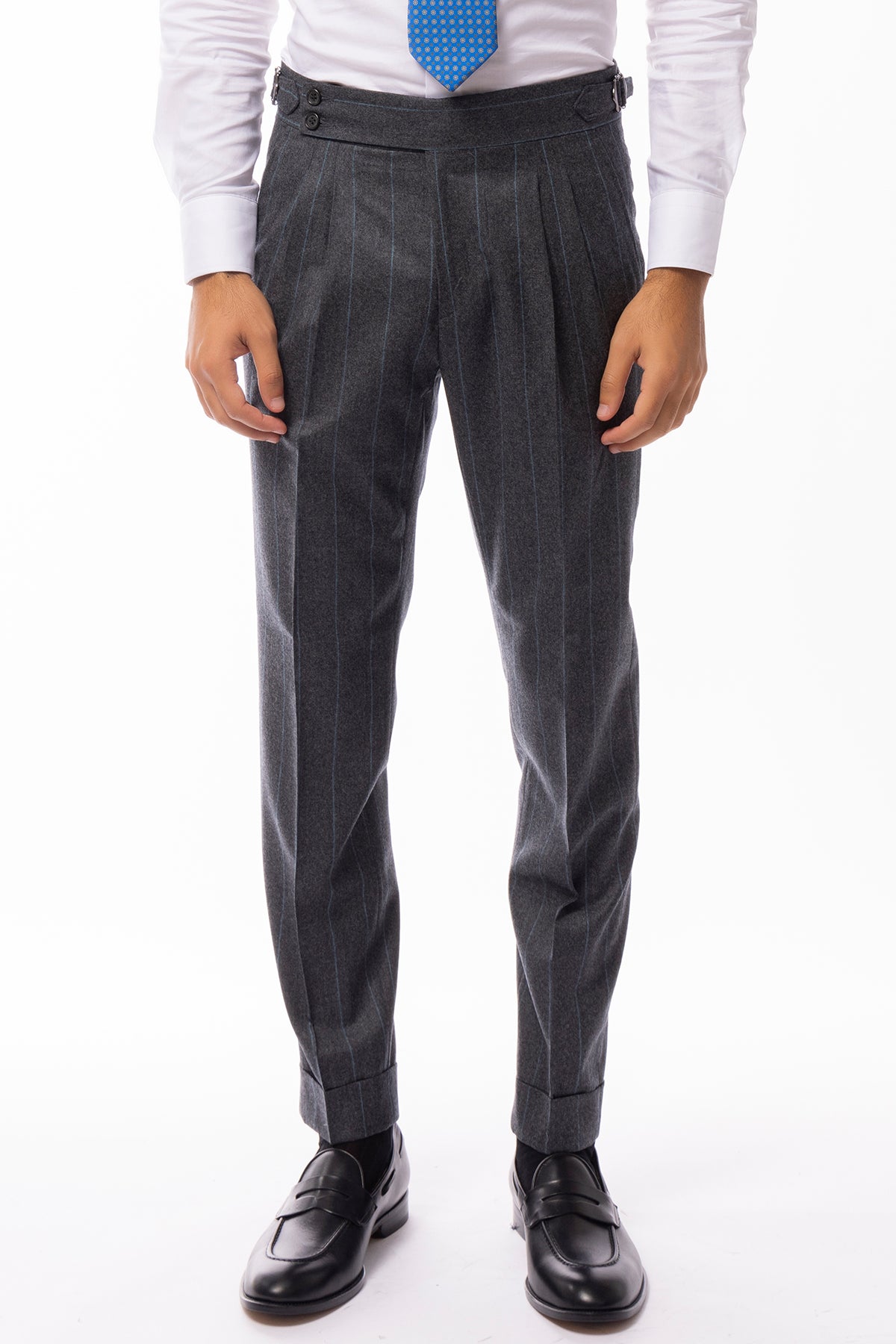 Pantalone uomo grigio gessato celeste vita alta in lana 100% Vitale Barberis Canonico con fibbie laterali e risvolto 5cm