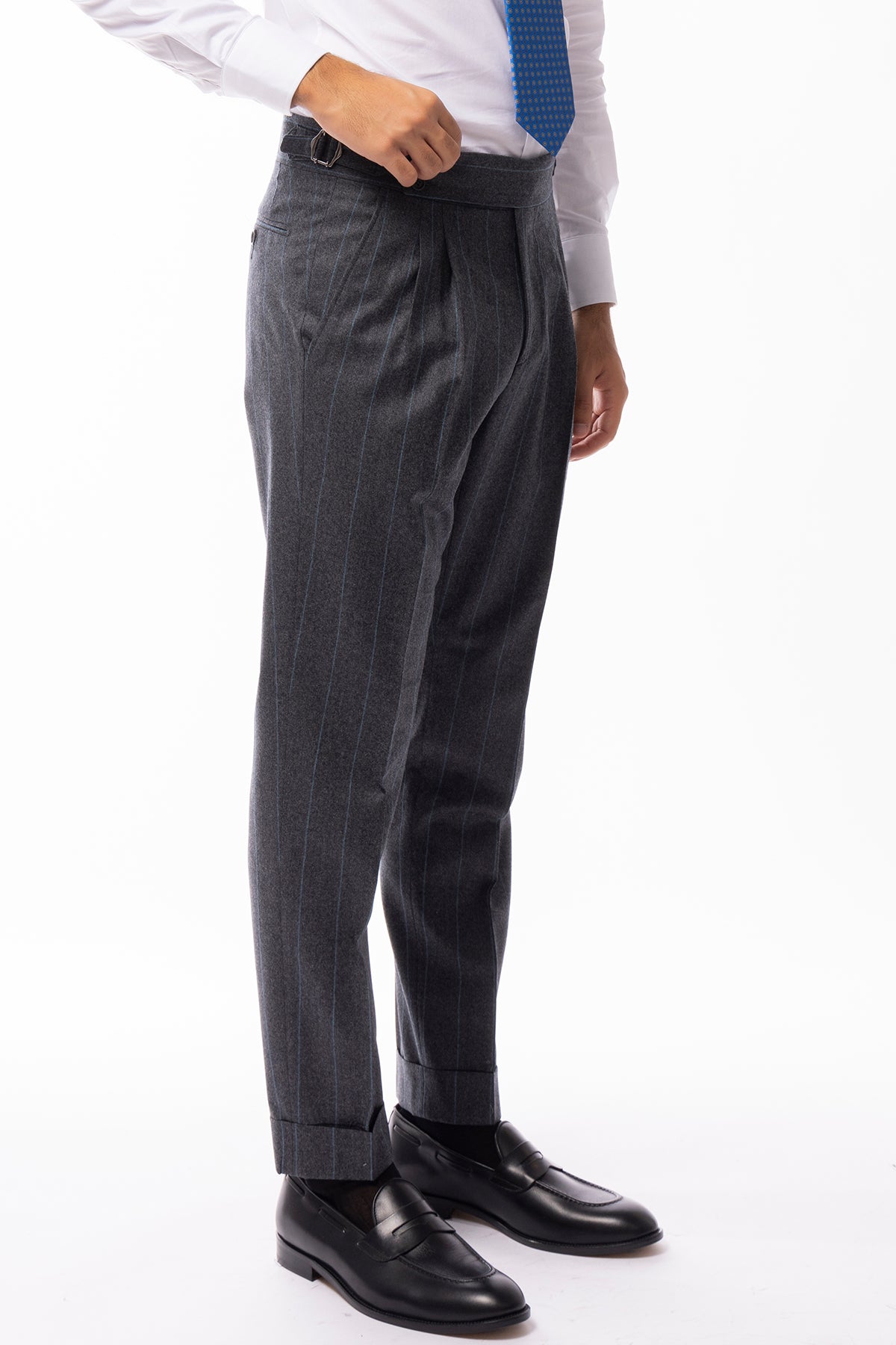 Pantalone uomo grigio gessato celeste vita alta in lana 100% Vitale Barberis Canonico con fibbie laterali e risvolto 5cm