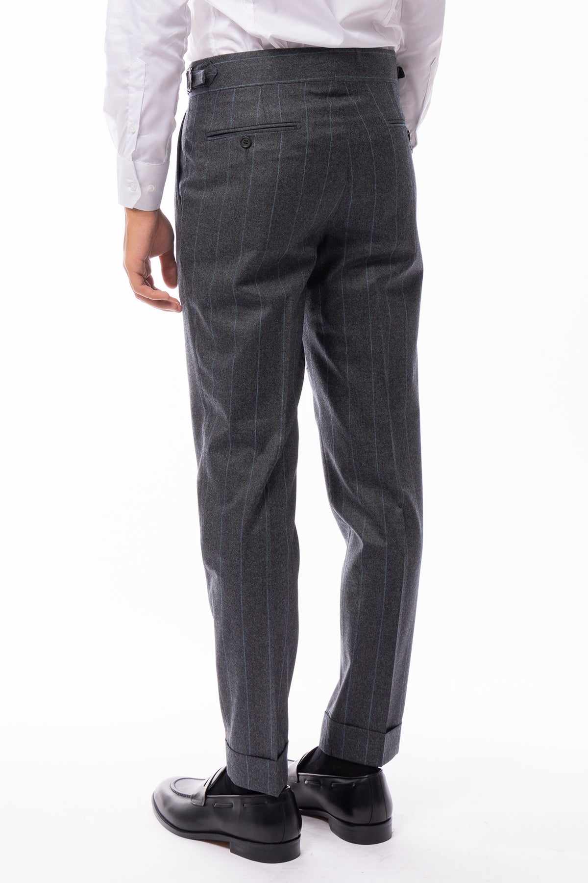 Pantalone uomo grigio gessato celeste vita alta in lana 100% Vitale Barberis Canonico con fibbie laterali e risvolto 5cm