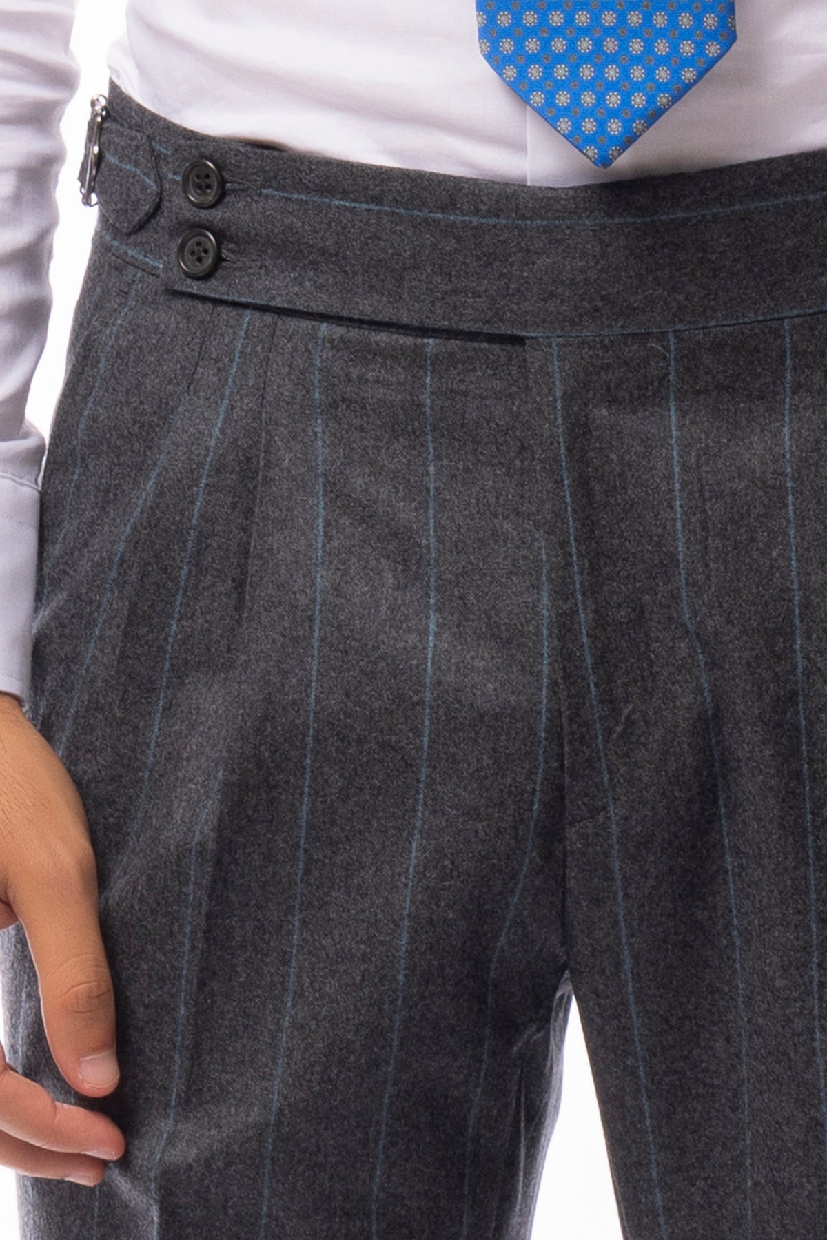 Pantalone uomo grigio gessato celeste vita alta in lana 100% Vitale Barberis Canonico con fibbie laterali e risvolto 5cm