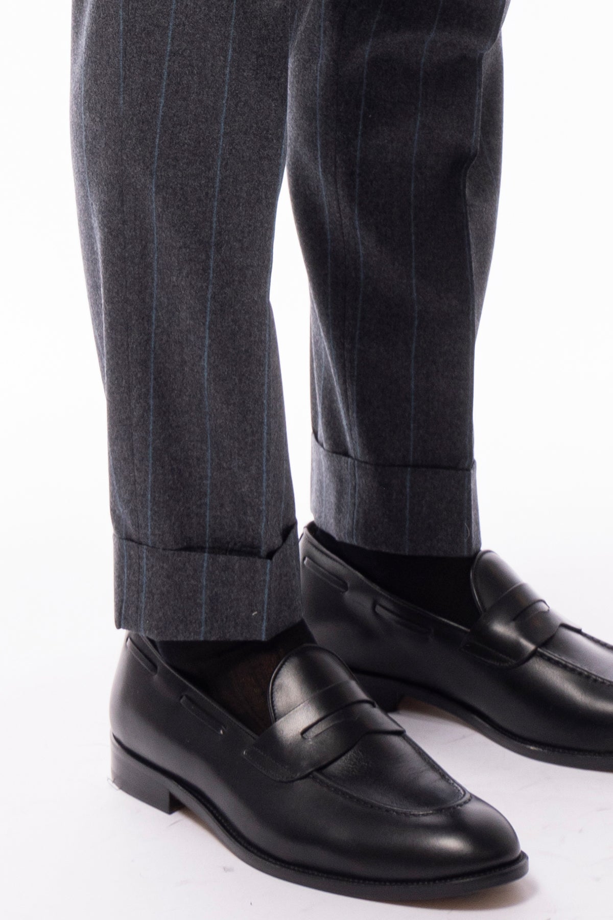 Pantalone uomo grigio gessato celeste vita alta in lana 100% Vitale Barberis Canonico con fibbie laterali e risvolto 5cm