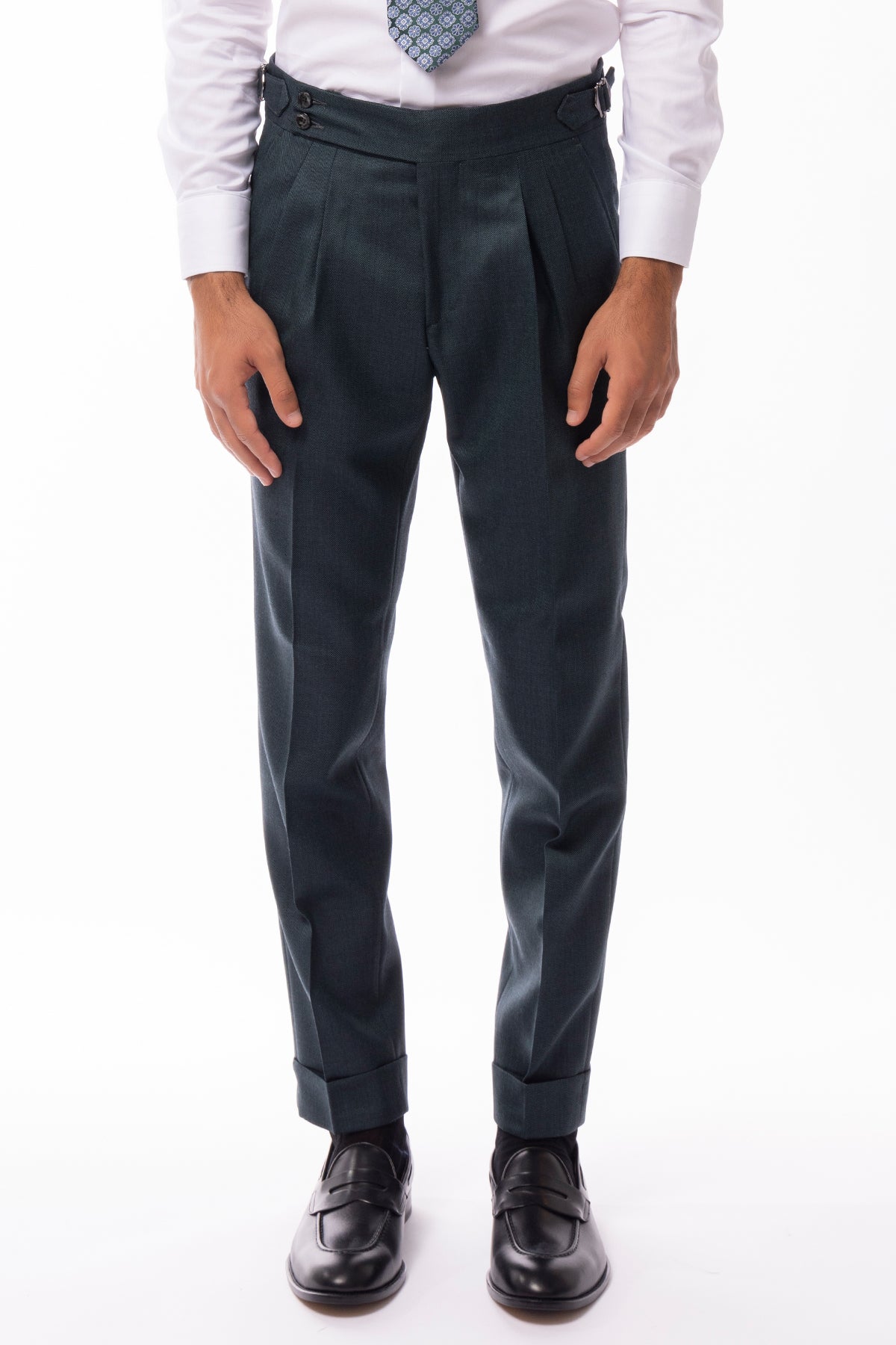 Pantalone uomo verde nido d'ape vita alta con fibbie laterali in pura lana holland e sherry con risvolto di 5cm