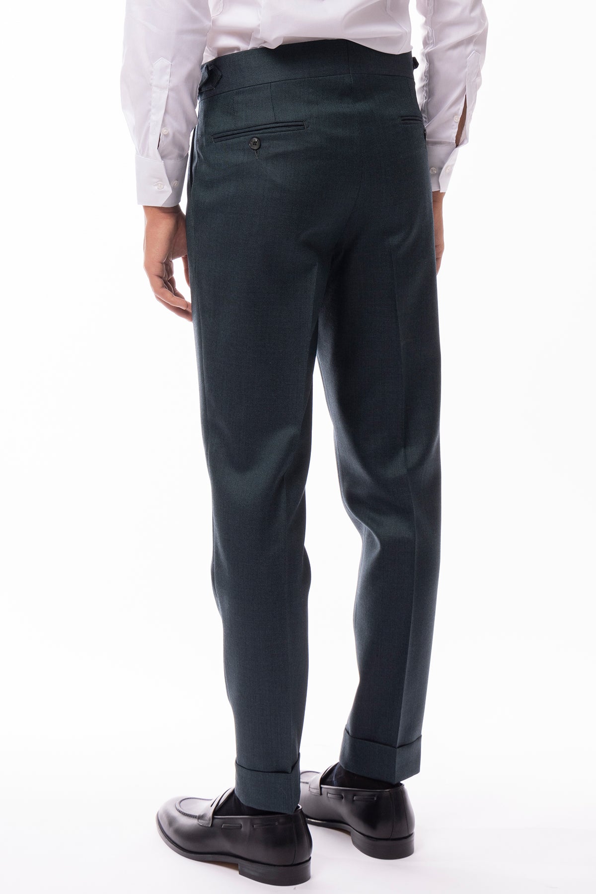 Pantalone uomo verde nido d'ape vita alta con fibbie laterali in pura lana holland e sherry con risvolto di 5cm