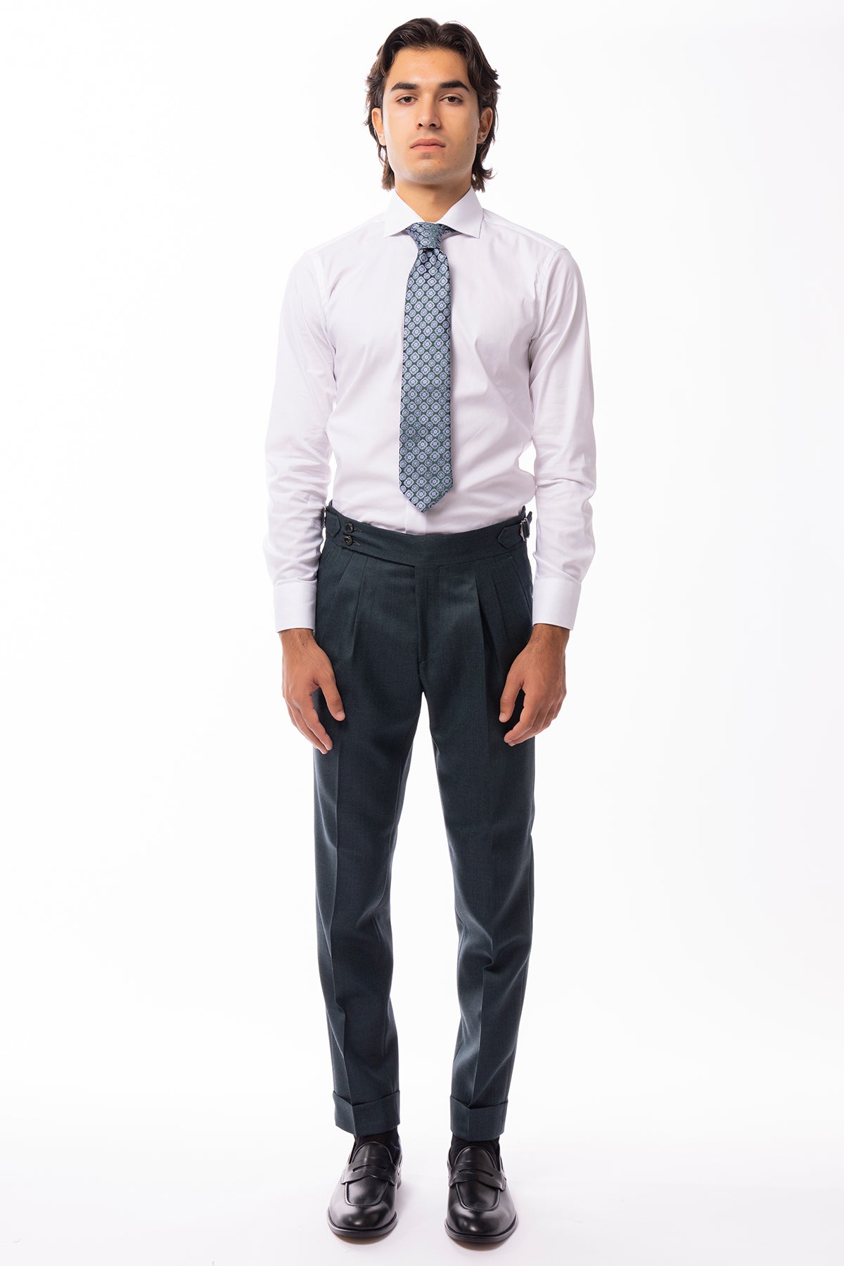 Pantalone uomo verde nido d'ape vita alta con fibbie laterali in pura lana holland e sherry con risvolto di 5cm