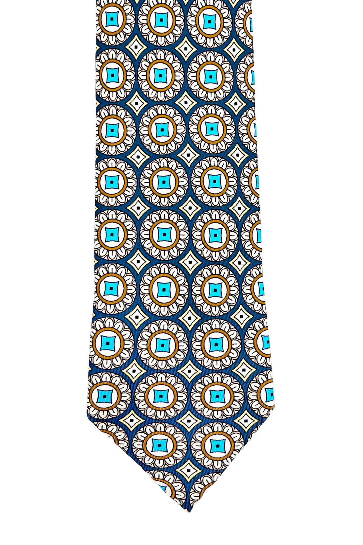 Cravatta uomo avion fantasia cerchi e rombi grandi multcolor da cerimonia elegante pura seta cucita a mano 9cm .