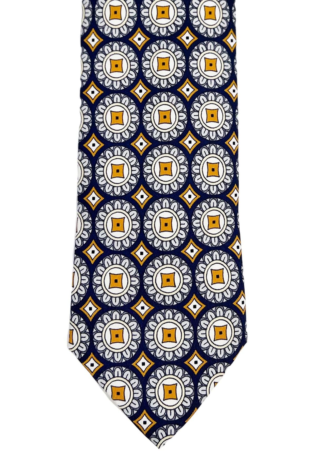 Cravatta uomo blu notte fantasia cerchi e rombi grandi multcolor da cerimonia elegante pura seta cucita a mano 9cm