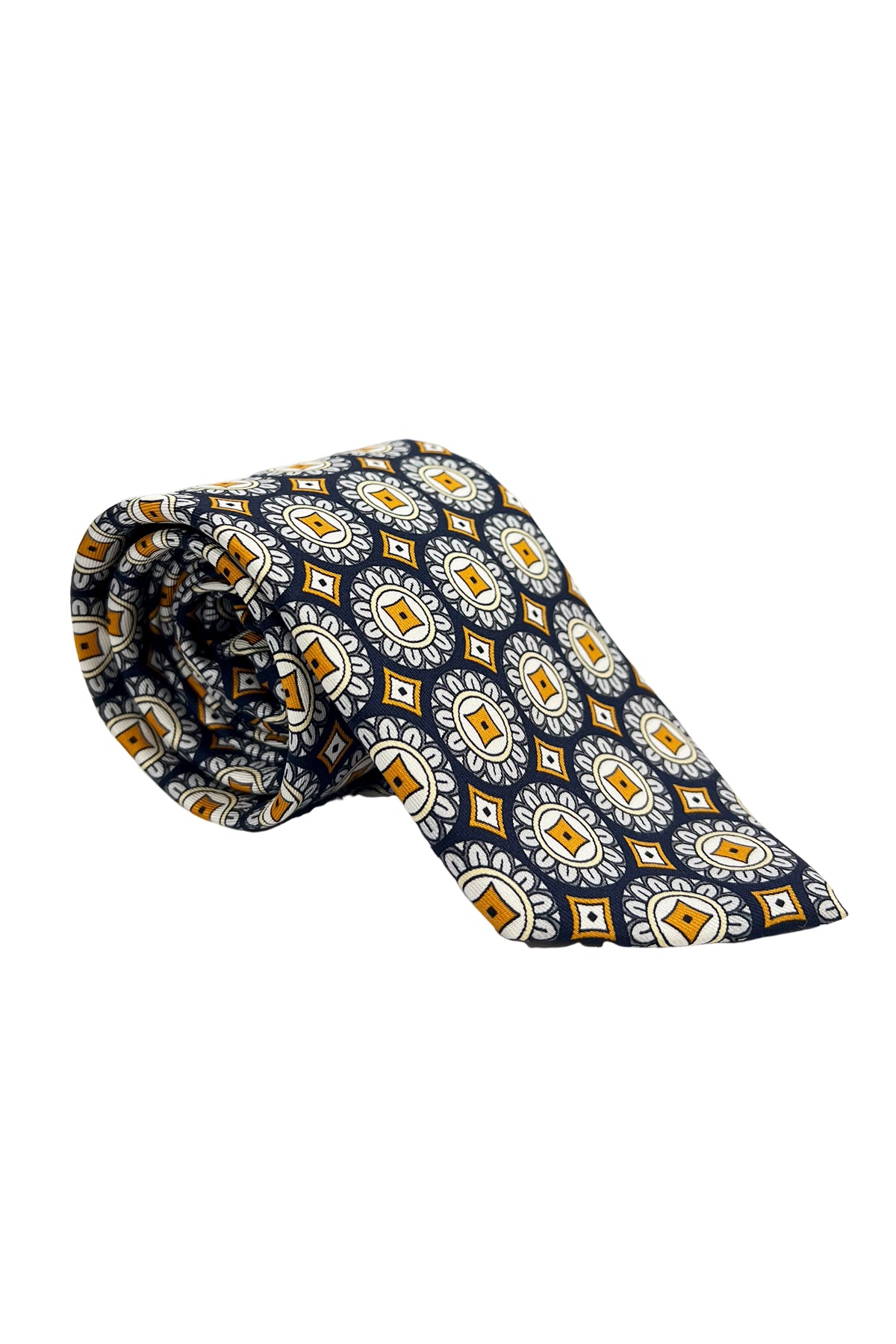 Cravatta uomo blu notte fantasia cerchi e rombi grandi multcolor da cerimonia elegante pura seta cucita a mano 9cm