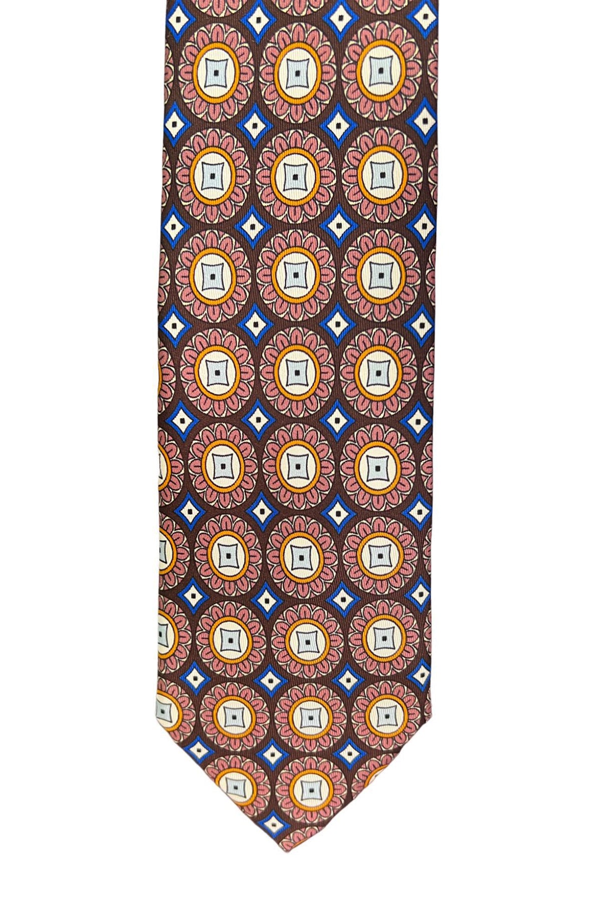Cravatta uomo marrone fantasia cerchi e rombi grandi multcolor da cerimonia elegante pura seta cucita a mano 9cm
