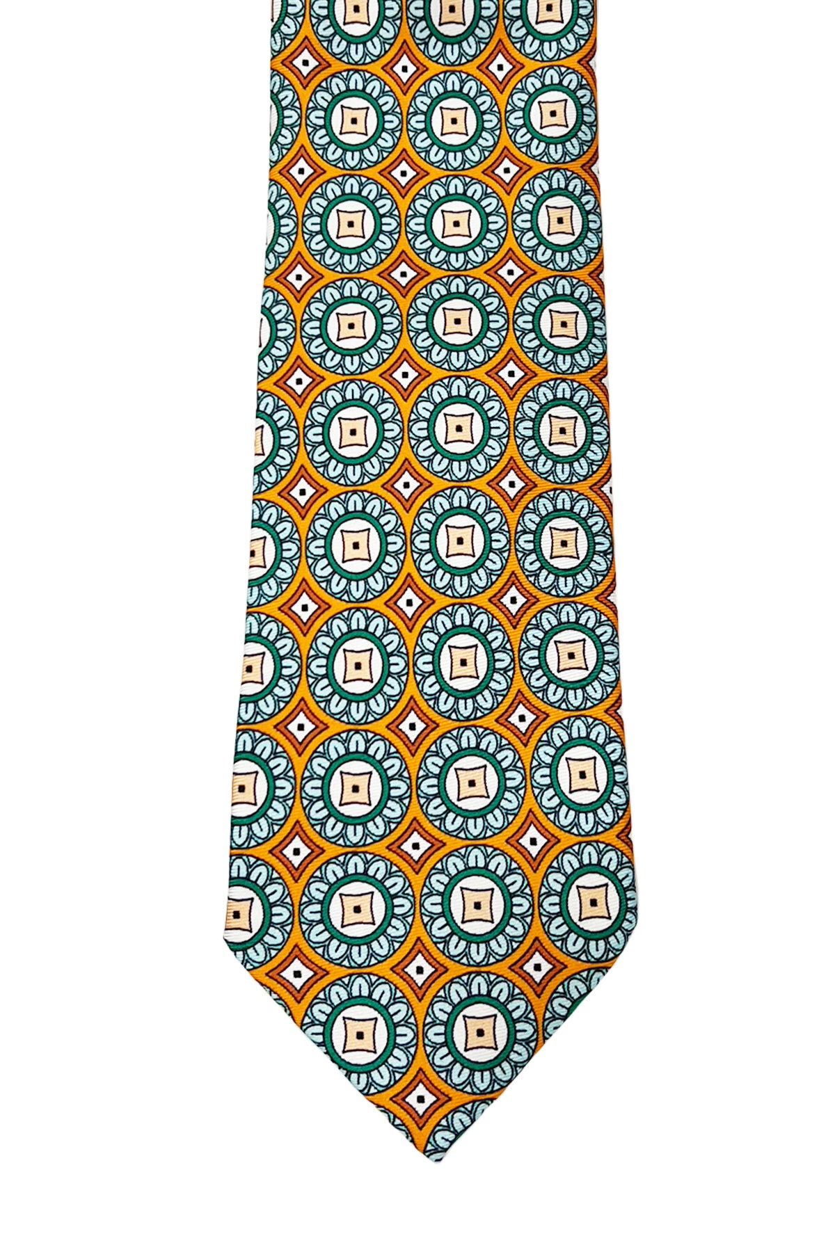 Cravatta uomo arancio fantasia cerchi e rombi grandi multcolor da cerimonia elegante pura seta cucita a mano 9cm