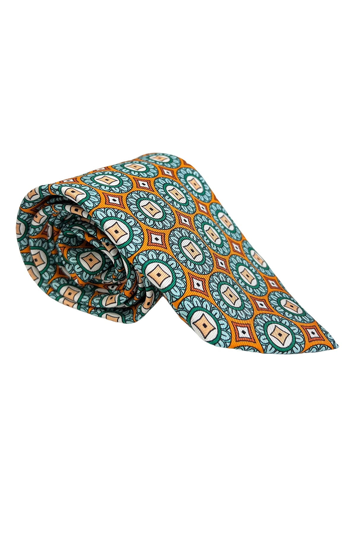 Cravatta uomo arancio fantasia cerchi e rombi grandi multcolor da cerimonia elegante pura seta cucita a mano 9cm