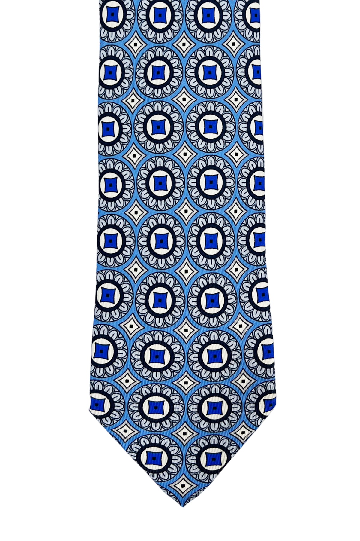 Cravatta uomo azzurra fantasia cerchi e rombi grandi multcolor da cerimonia elegante pura seta cucita a mano 9cm