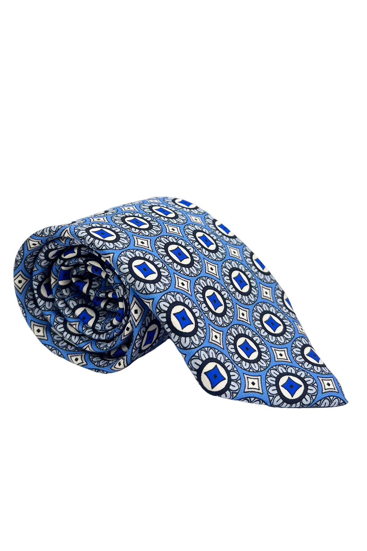 Cravatta uomo azzurra fantasia cerchi e rombi grandi multcolor da cerimonia elegante pura seta cucita a mano 9cm