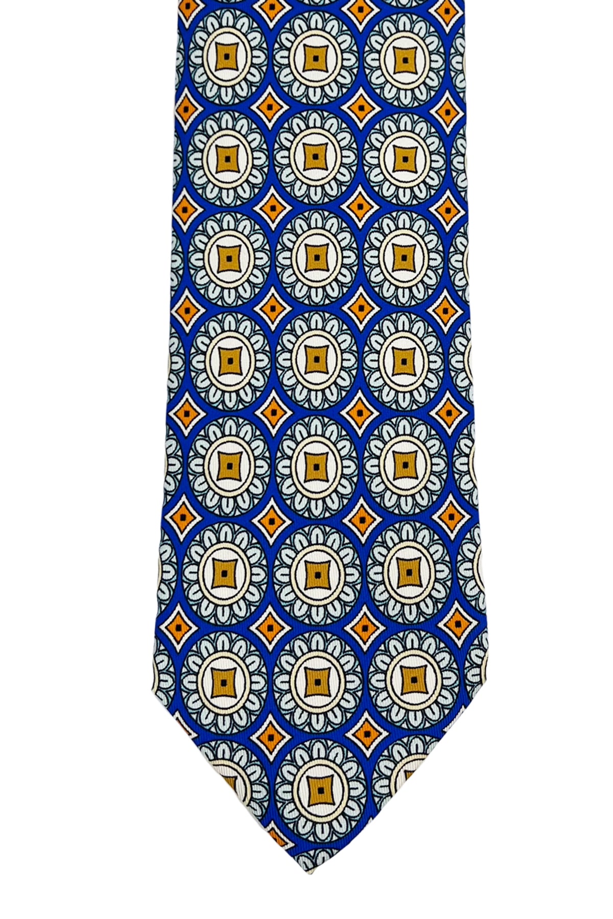 Cravatta uomo royal blu fantasia cerchi e rombi grandi multcolor da cerimonia elegante pura seta cucita a mano 9cm