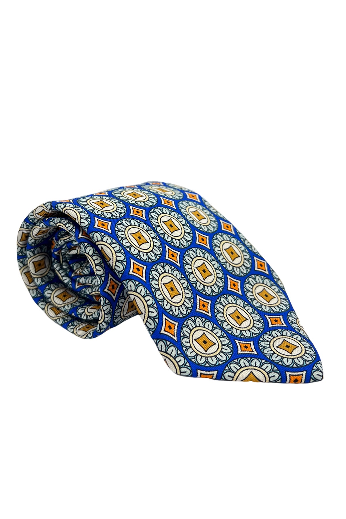 Cravatta uomo royal blu fantasia cerchi e rombi grandi multcolor da cerimonia elegante pura seta cucita a mano 9cm