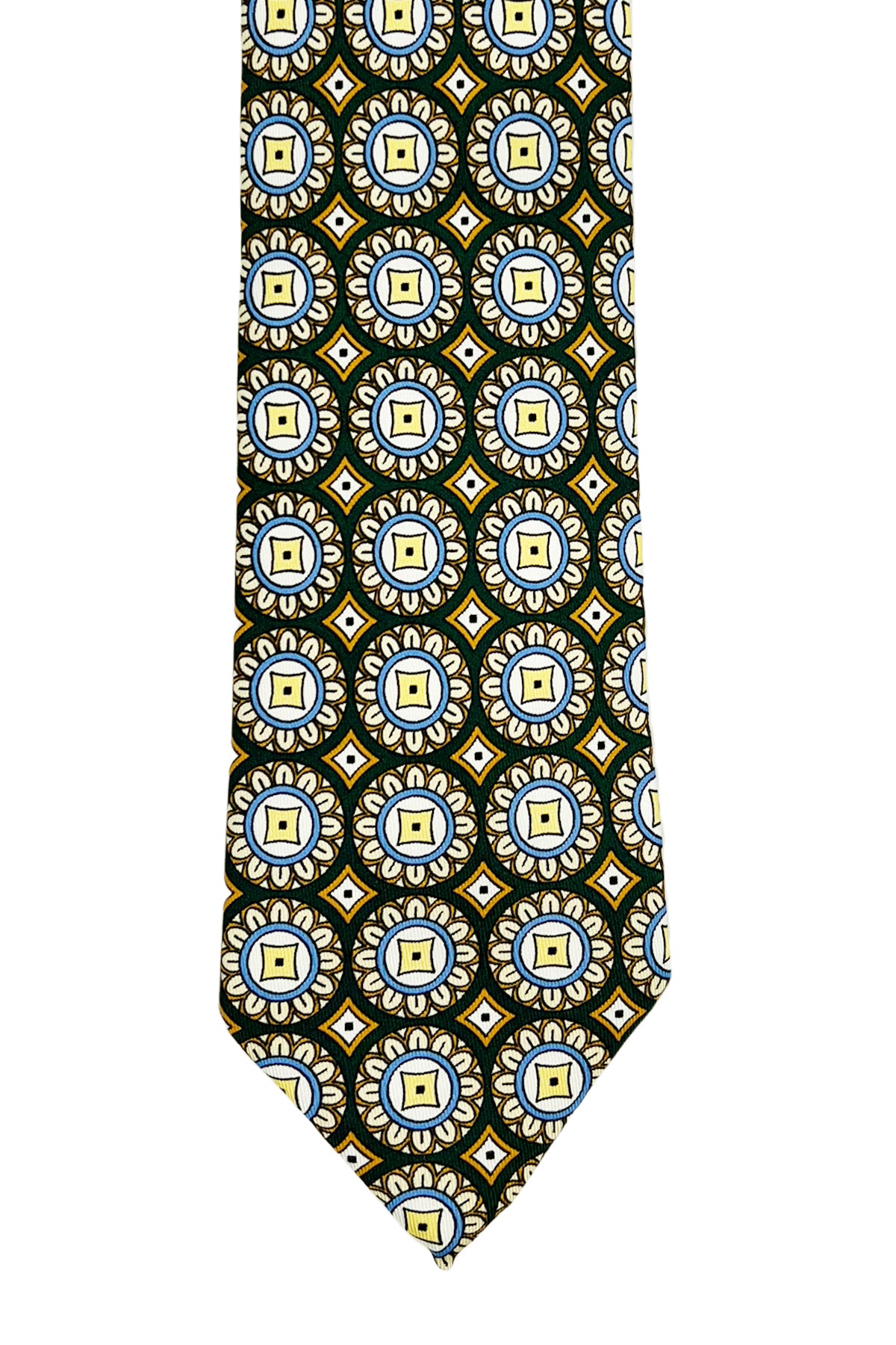 Cravatta uomo verde fantasia cerchi e rombi grandi multcolor da cerimonia elegante pura seta cucita a mano 9cm